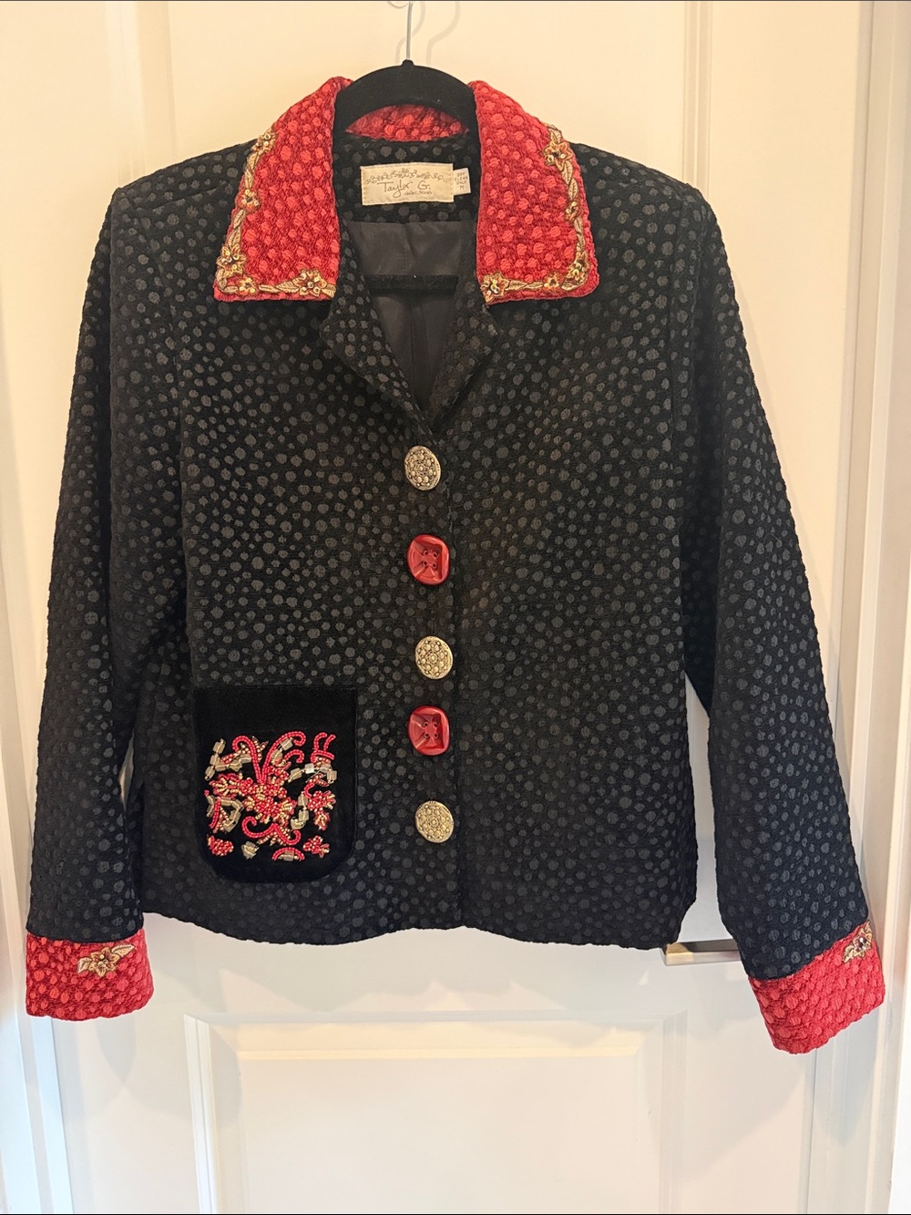 Handmade Black Jacquard Embroidered Jacket with Red Trim size M